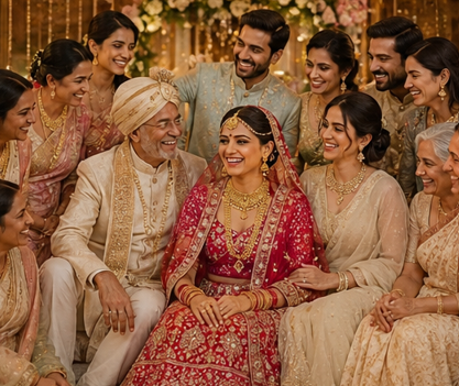 Family celebrating a wedding wearing gold jewellery, Maheshwari Jewellers